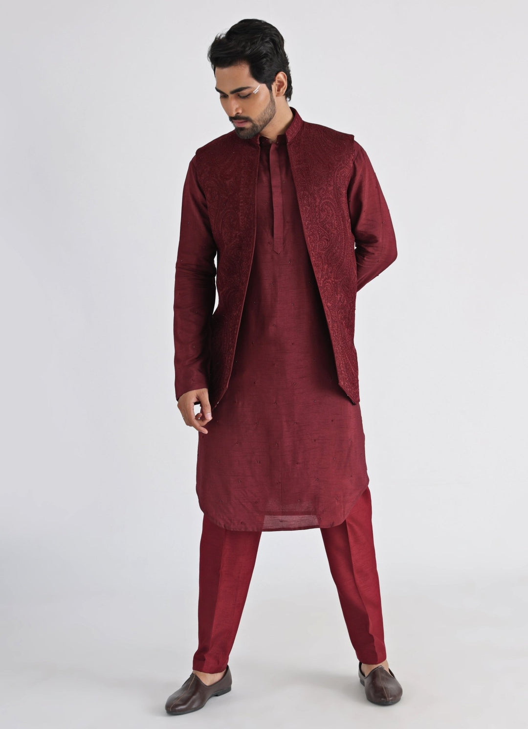 Maroon Embroidered Nehru Jacket With Kurta Set Smriti - Fabilicious Fashion