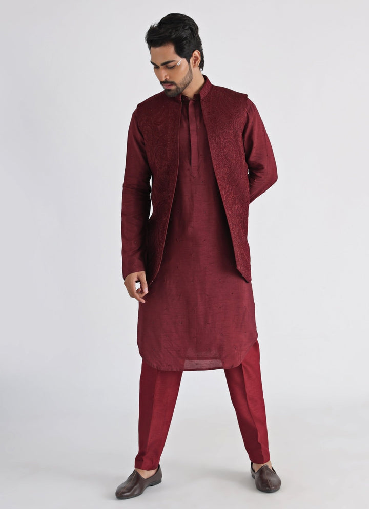 Maroon Embroidered Nehru Jacket With Kurta Set Smriti - Fabilicious Fashion
