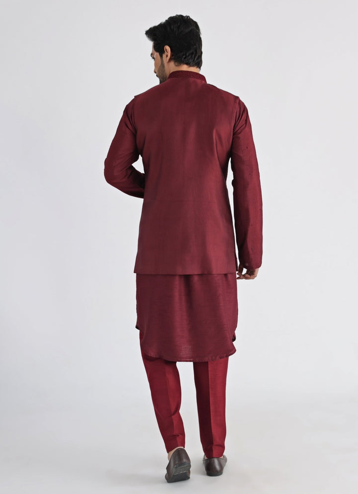 Maroon Embroidered Nehru Jacket With Kurta Set Smriti - Fabilicious Fashion