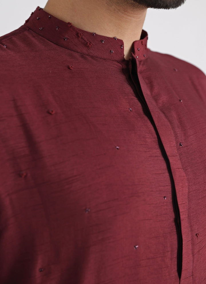 Maroon Embroidered Nehru Jacket With Kurta Set Smriti - Fabilicious Fashion