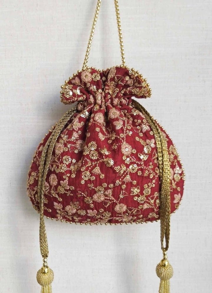 Maroon Embroidered Potli AMYRA - Fabilicious Fashion