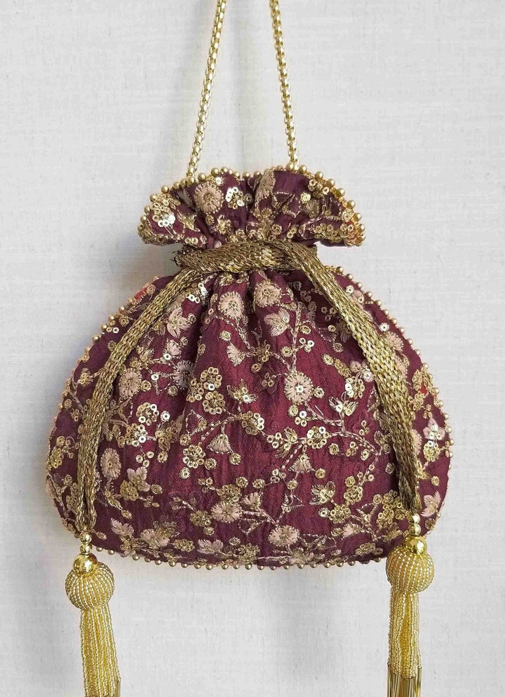 Maroon Embroidered Potli AMYRA - Fabilicious Fashion