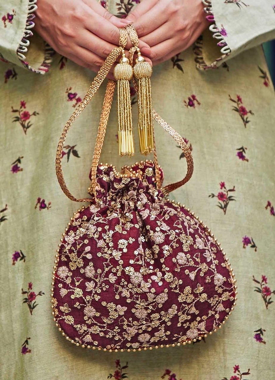 Maroon Embroidered Potli AMYRA - Fabilicious Fashion