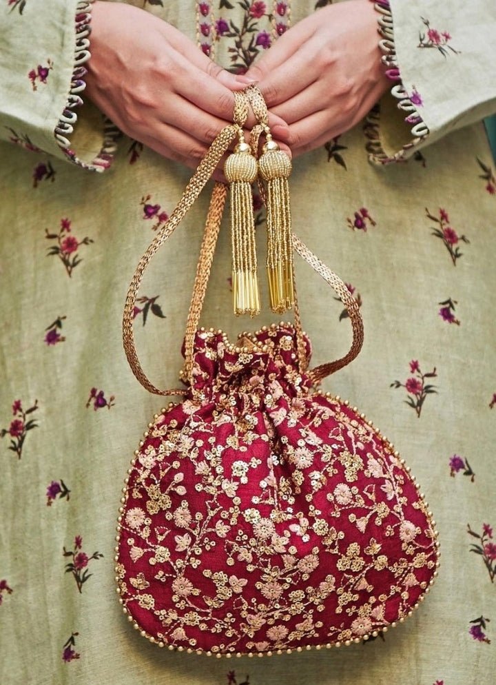 Maroon Embroidered Potli AMYRA - Fabilicious Fashion