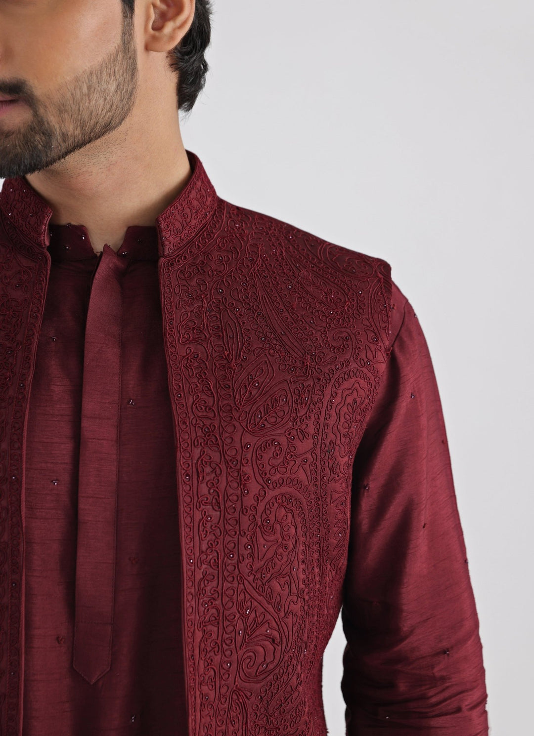 Maroon Embroidered Satin Nehru Jacket Smriti - Fabilicious Fashion
