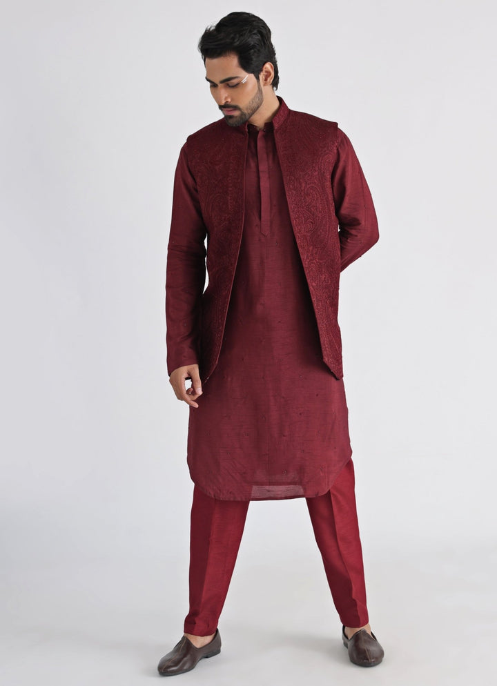Maroon Embroidered Satin Nehru Jacket Smriti - Fabilicious Fashion