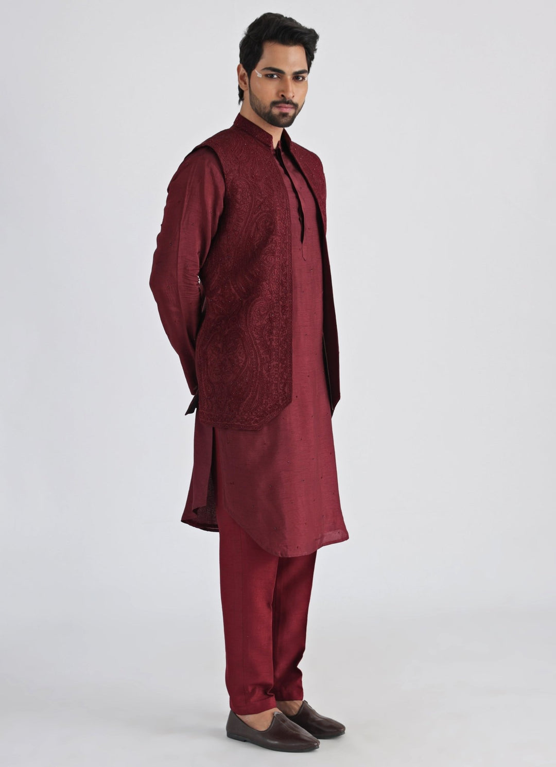 Maroon Embroidered Satin Nehru Jacket Smriti - Fabilicious Fashion