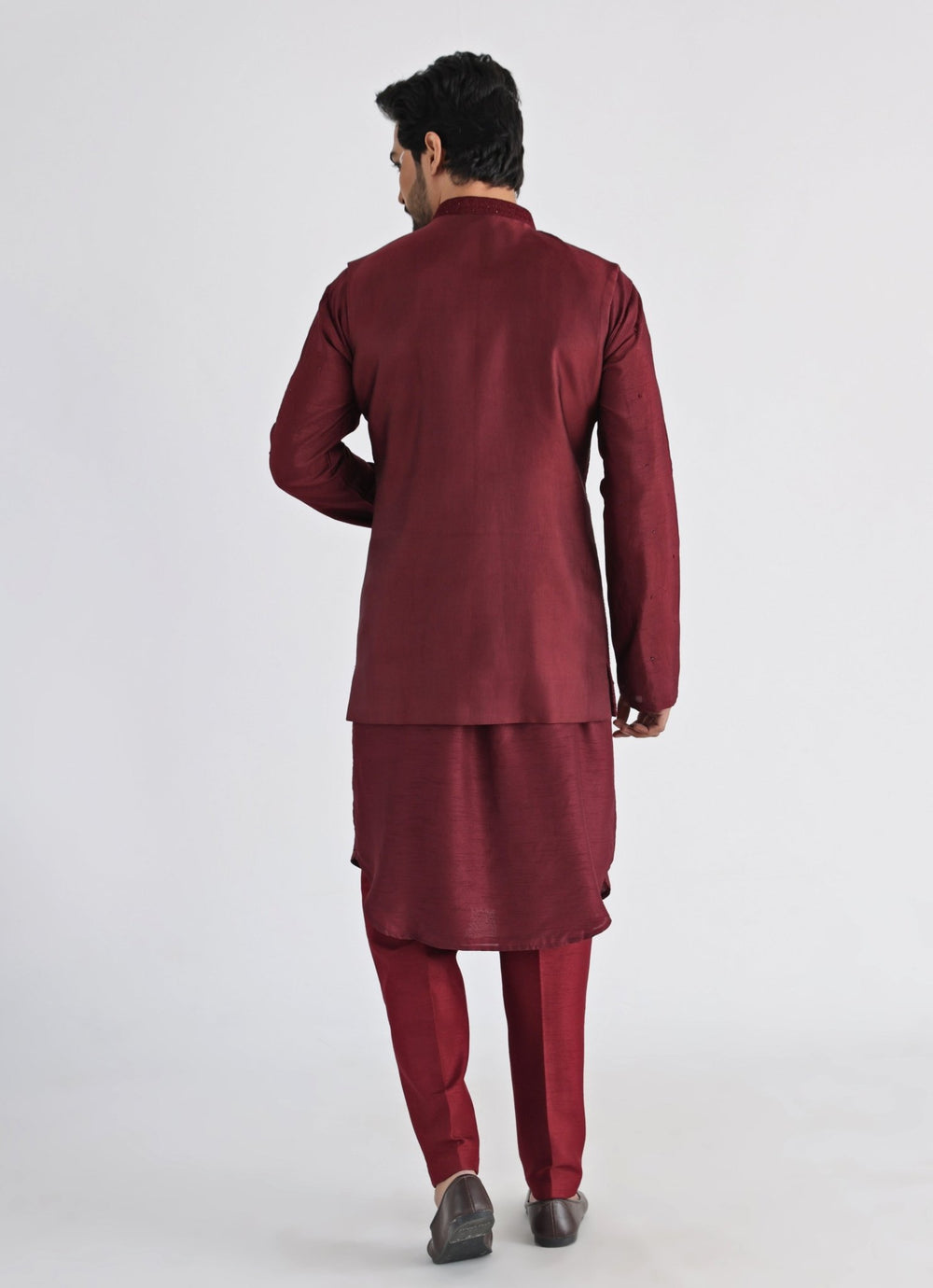 Maroon Embroidered Satin Nehru Jacket Smriti - Fabilicious Fashion