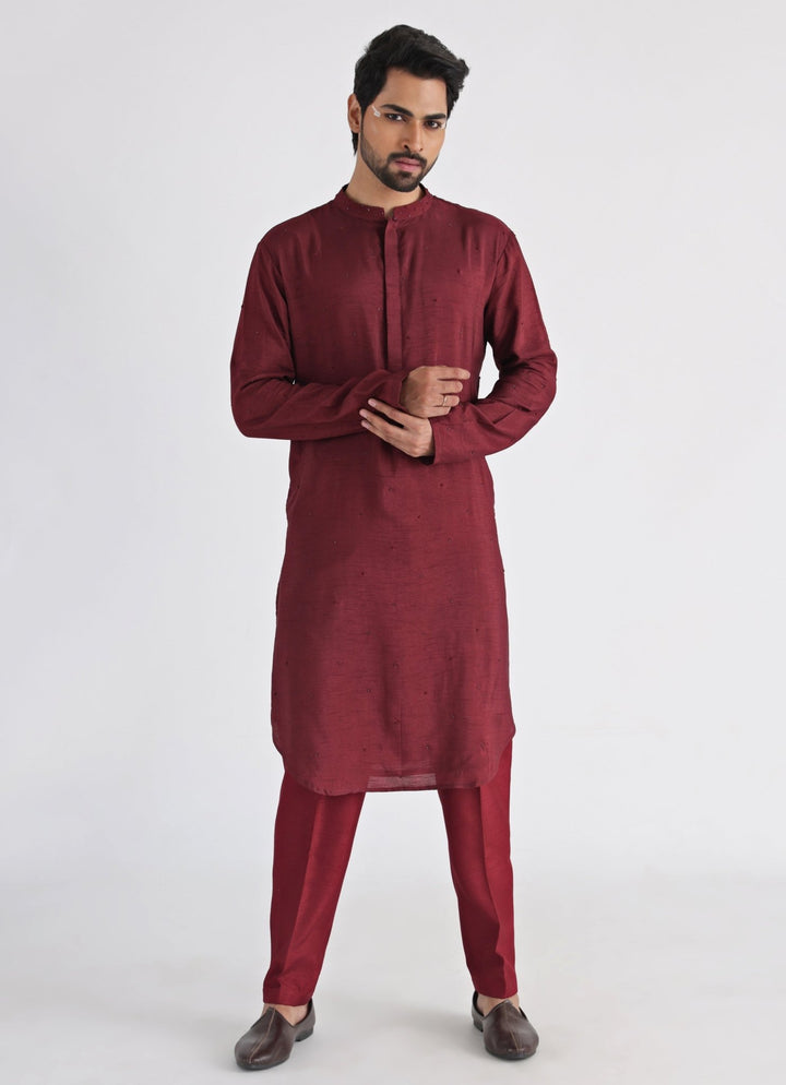 Maroon Embroidered Silk Kurta Pant Set Smriti - Fabilicious Fashion