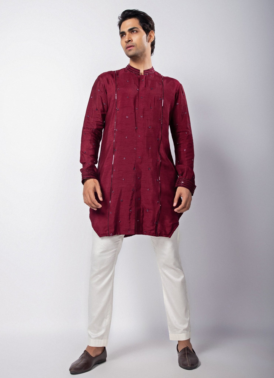Maroon Embroidered Silk Nehru Jacket Kurta Set Smriti - Fabilicious Fashion