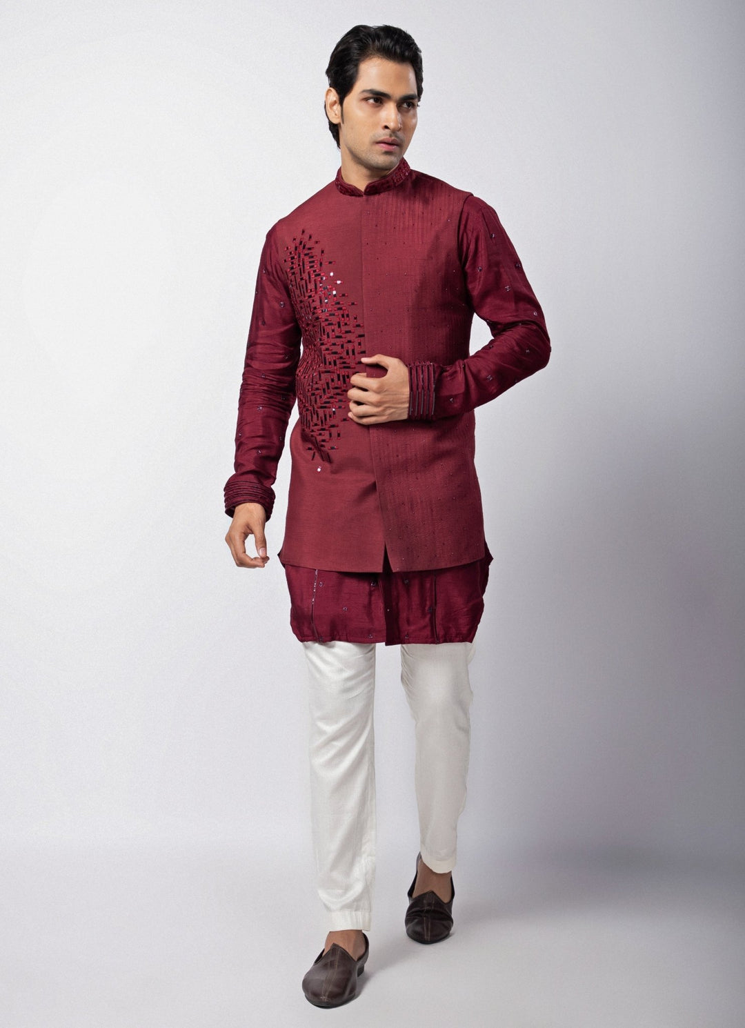 Maroon Embroidered Silk Nehru Jacket Kurta Set Smriti - Fabilicious Fashion