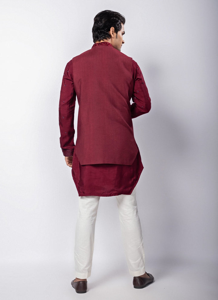 Maroon Embroidered Silk Nehru Jacket Kurta Set Smriti - Fabilicious Fashion