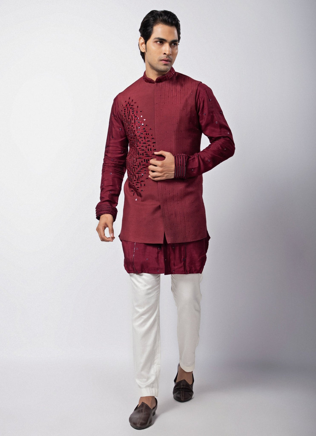 Maroon Embroidered Silk Nehru Jacket Smriti - Fabilicious Fashion