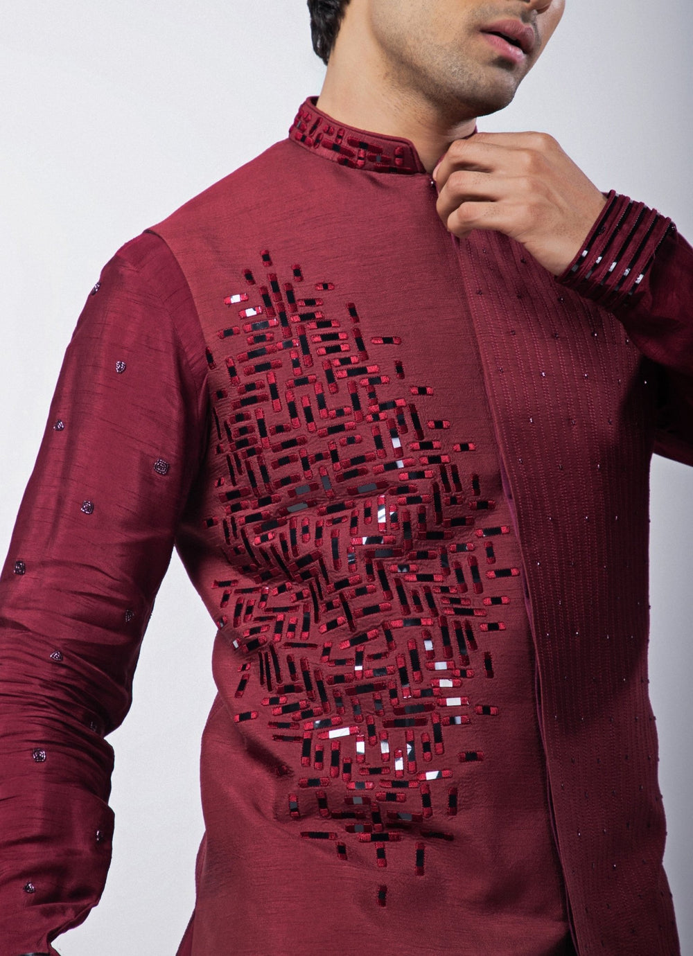Maroon Embroidered Silk Nehru Jacket Smriti - Fabilicious Fashion