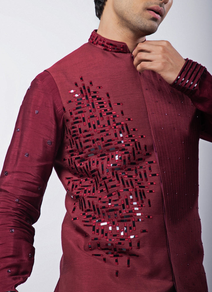 Maroon Embroidered Silk Nehru Jacket Smriti - Fabilicious Fashion