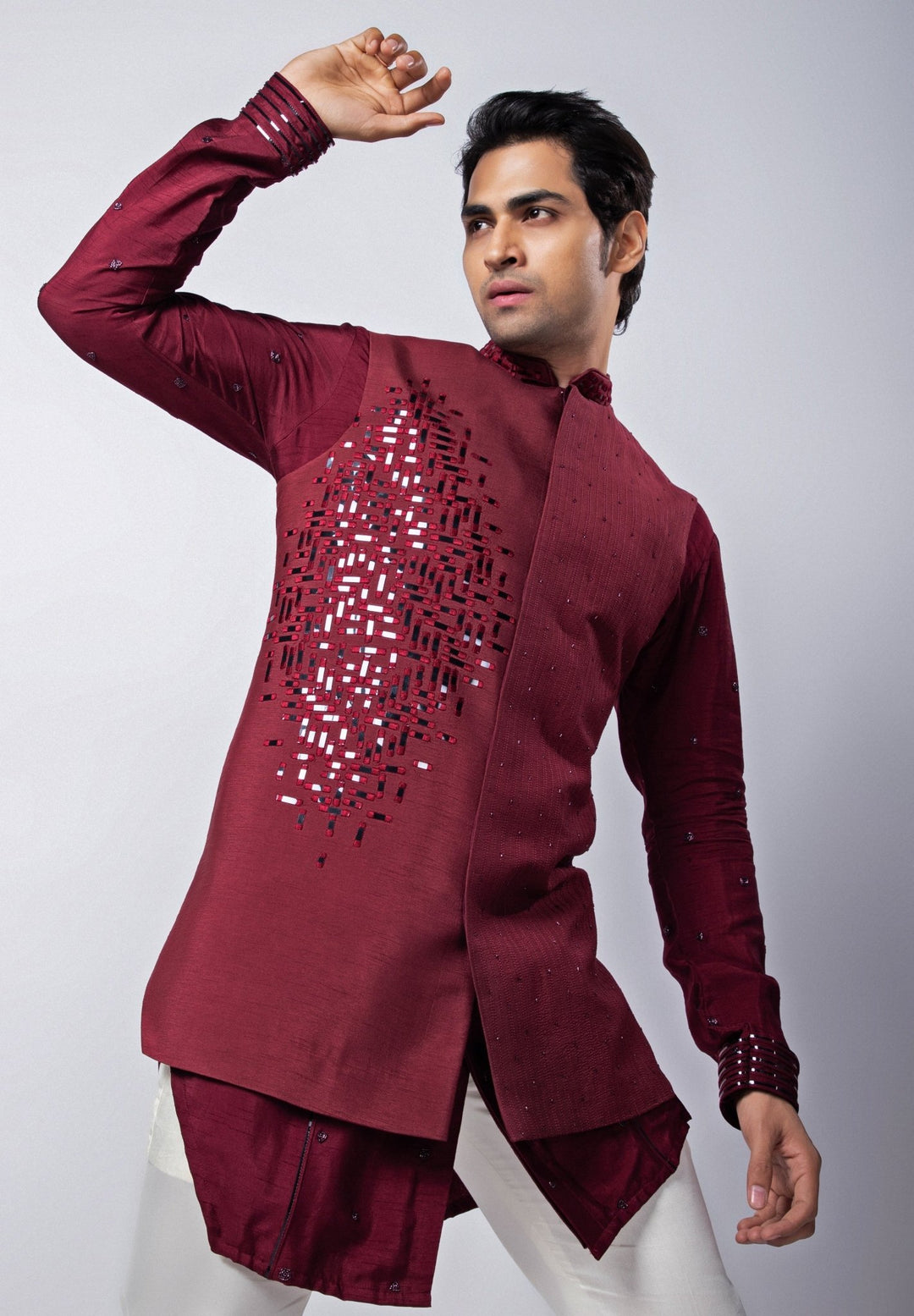Maroon Embroidered Silk Nehru Jacket Smriti - Fabilicious Fashion