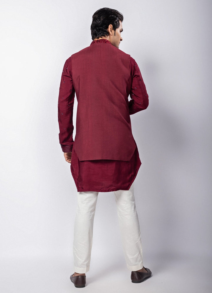 Maroon Embroidered Silk Nehru Jacket Smriti - Fabilicious Fashion