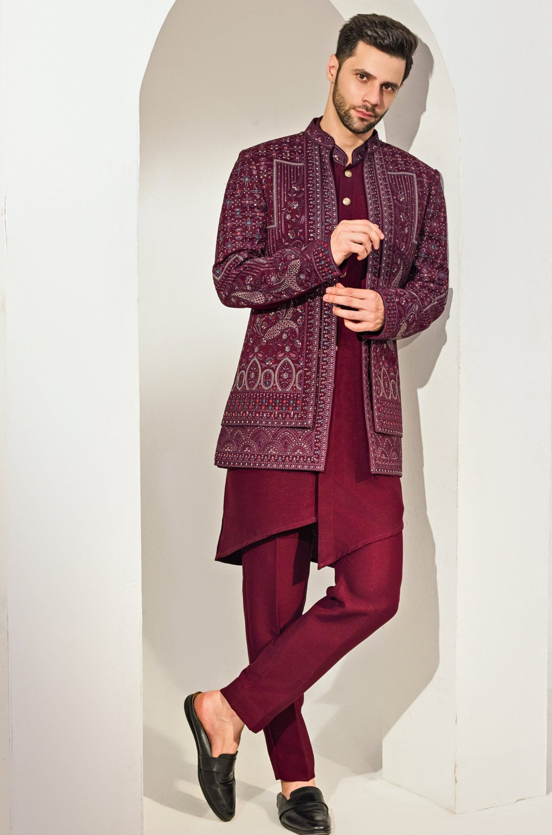 Maroon Indo - Western Embroidery Kurta Jacket Set Chatenya Mittal - Fabilicious Fashion