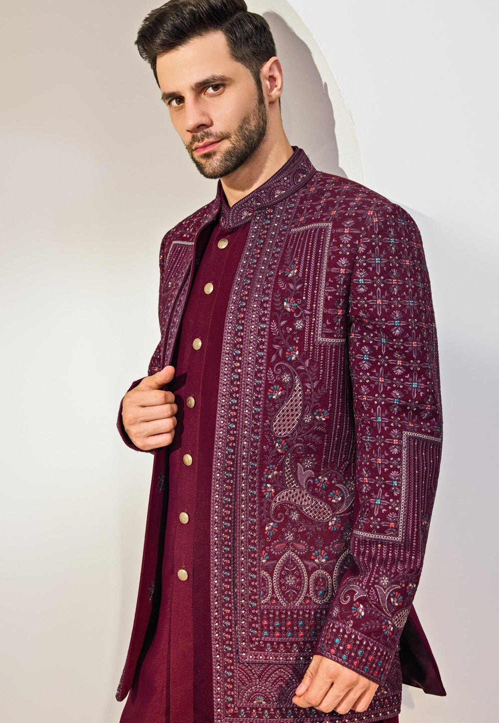 Maroon Indo - Western Embroidery Kurta Jacket Set Chatenya Mittal - Fabilicious Fashion