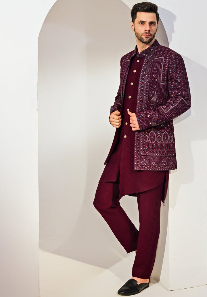 Maroon Indo - Western Embroidery Kurta Jacket Set Chatenya Mittal - Fabilicious Fashion