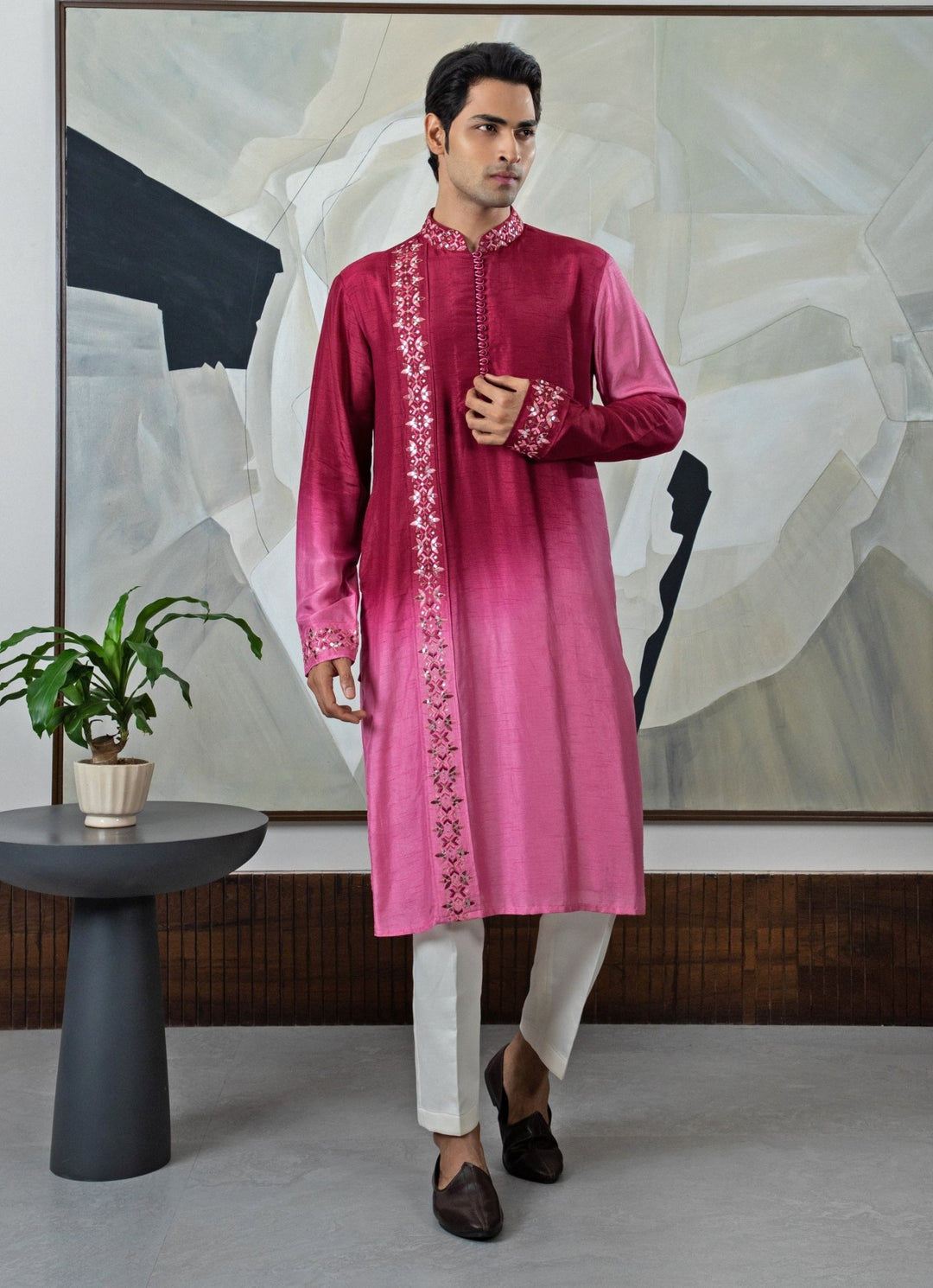 Maroon Ombre Asymmetric Embroidered Kurta Pant Set Smriti - Fabilicious Fashion