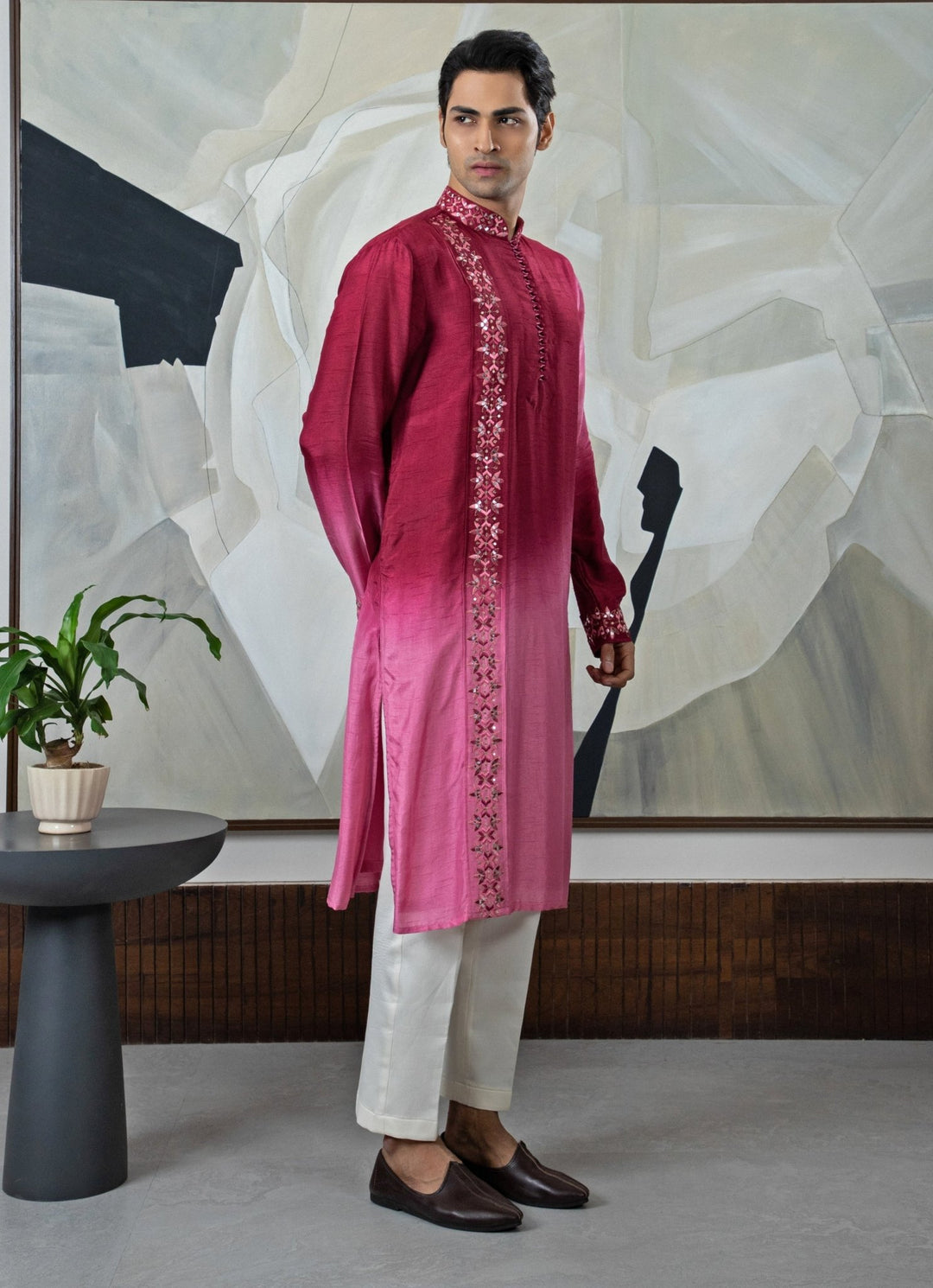 Maroon Ombre Asymmetric Embroidered Kurta Pant Set Smriti - Fabilicious Fashion