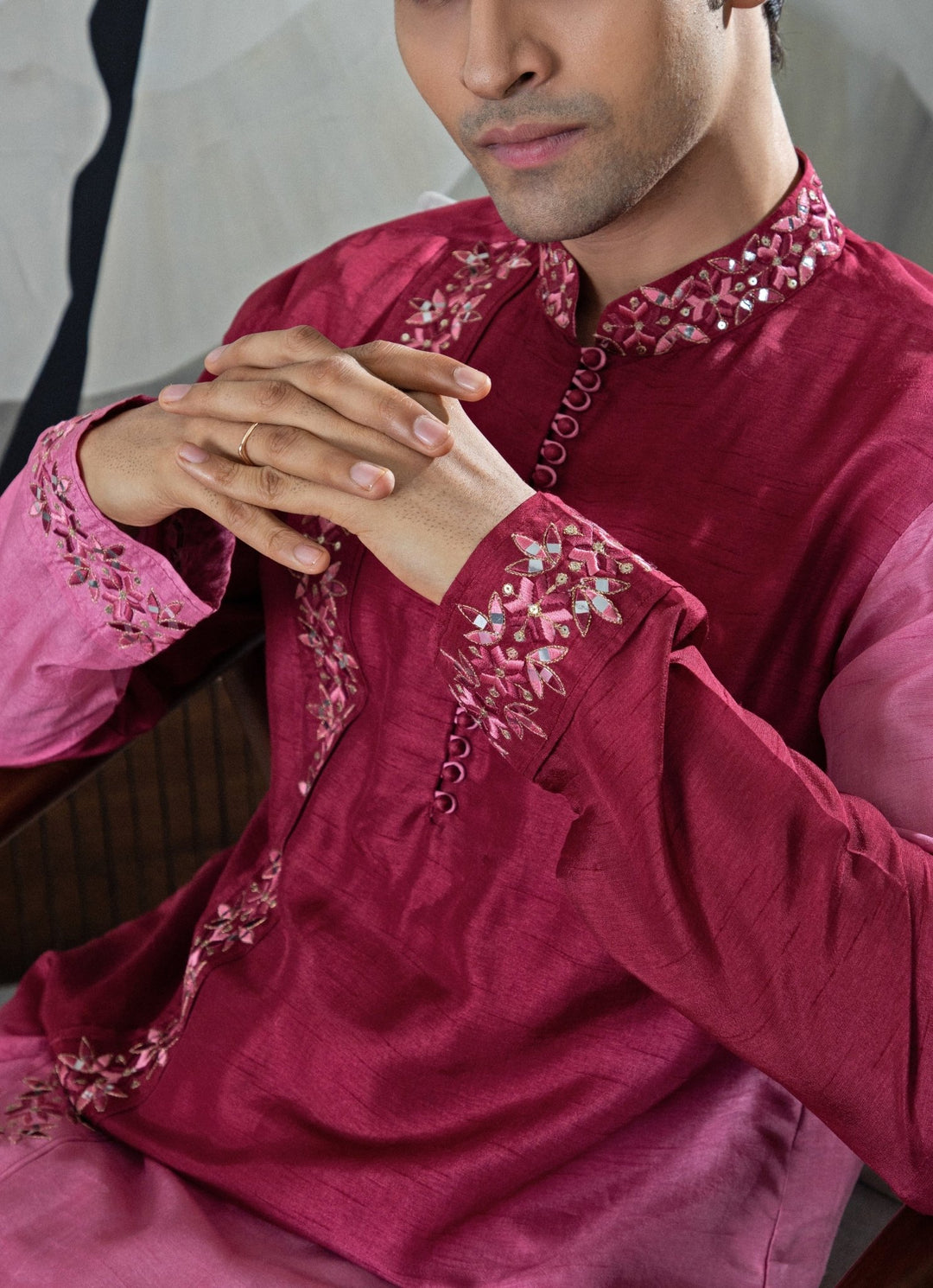 Maroon Ombre Asymmetric Embroidered Kurta Pant Set Smriti - Fabilicious Fashion