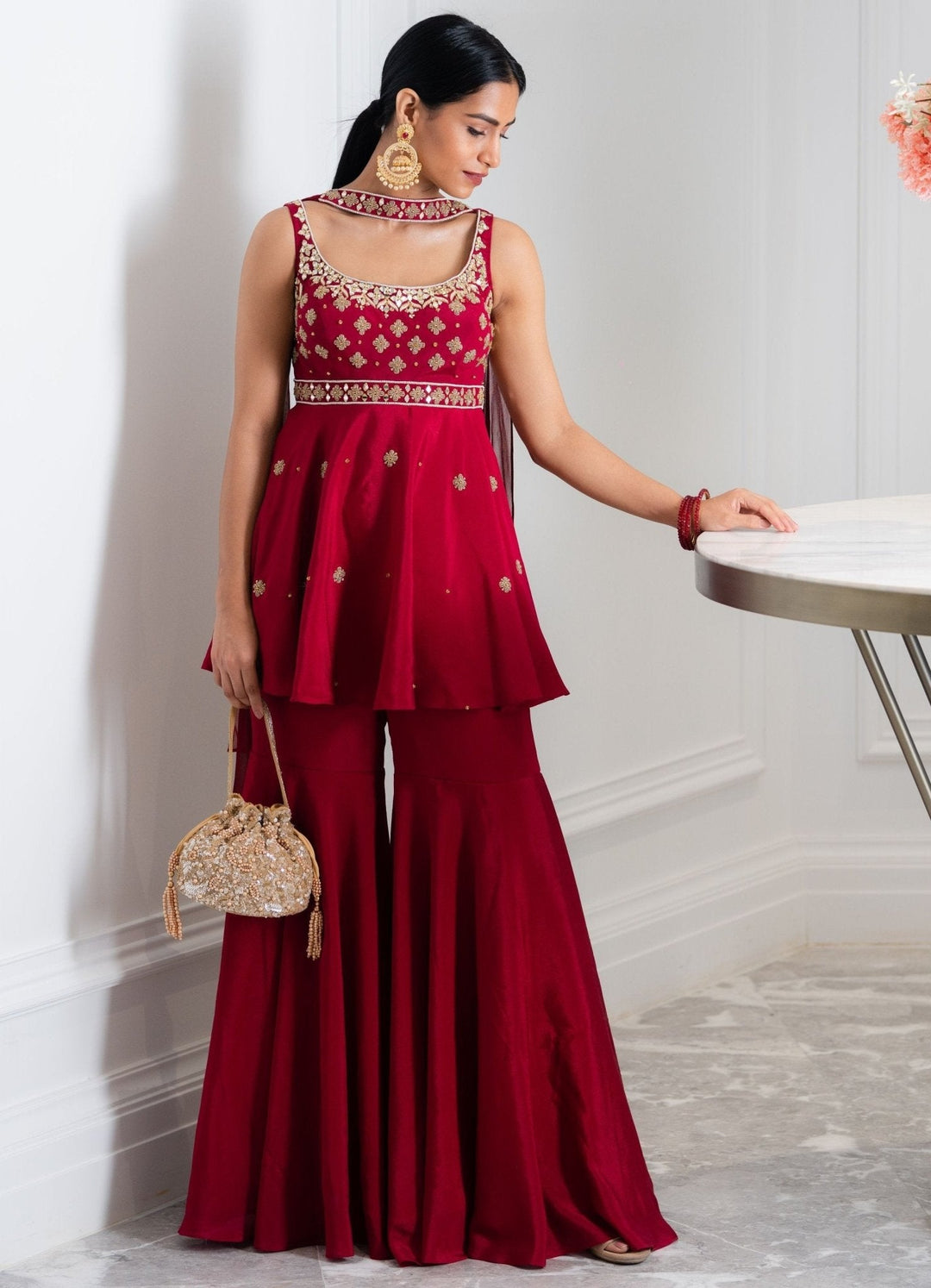 Maroon Peplum Kurta and Sharara Set - Ready to Ship Rashika Sharma - Fabilicious Fashion