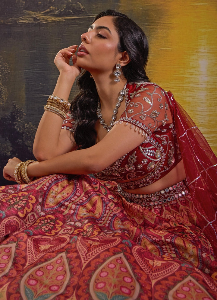 Maroon Printed And Embroidered Satin Lehenga Set Rashika Sharma - Fabilicious Fashion