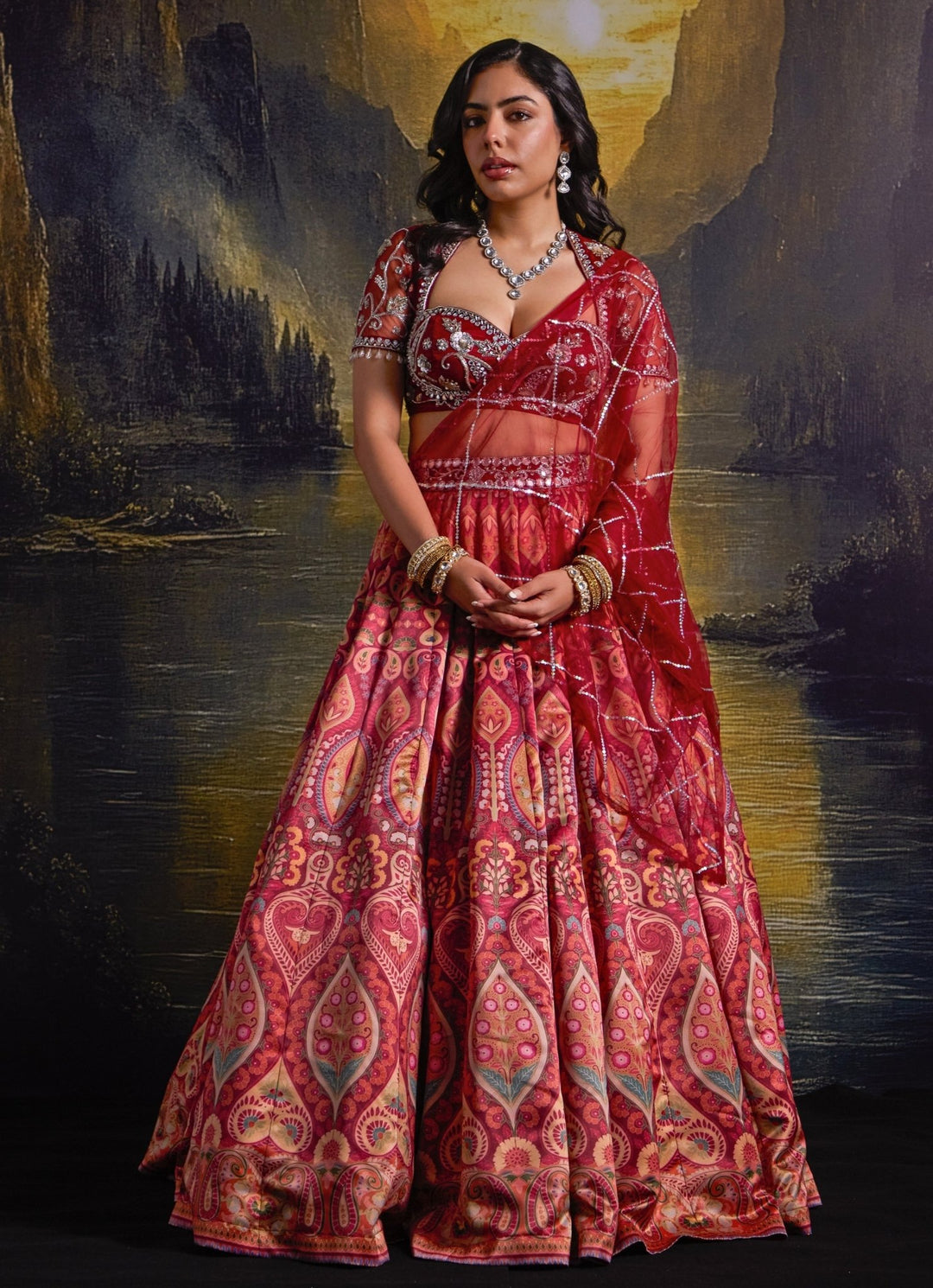 Maroon Printed And Embroidered Satin Lehenga Set Rashika Sharma - Fabilicious Fashion
