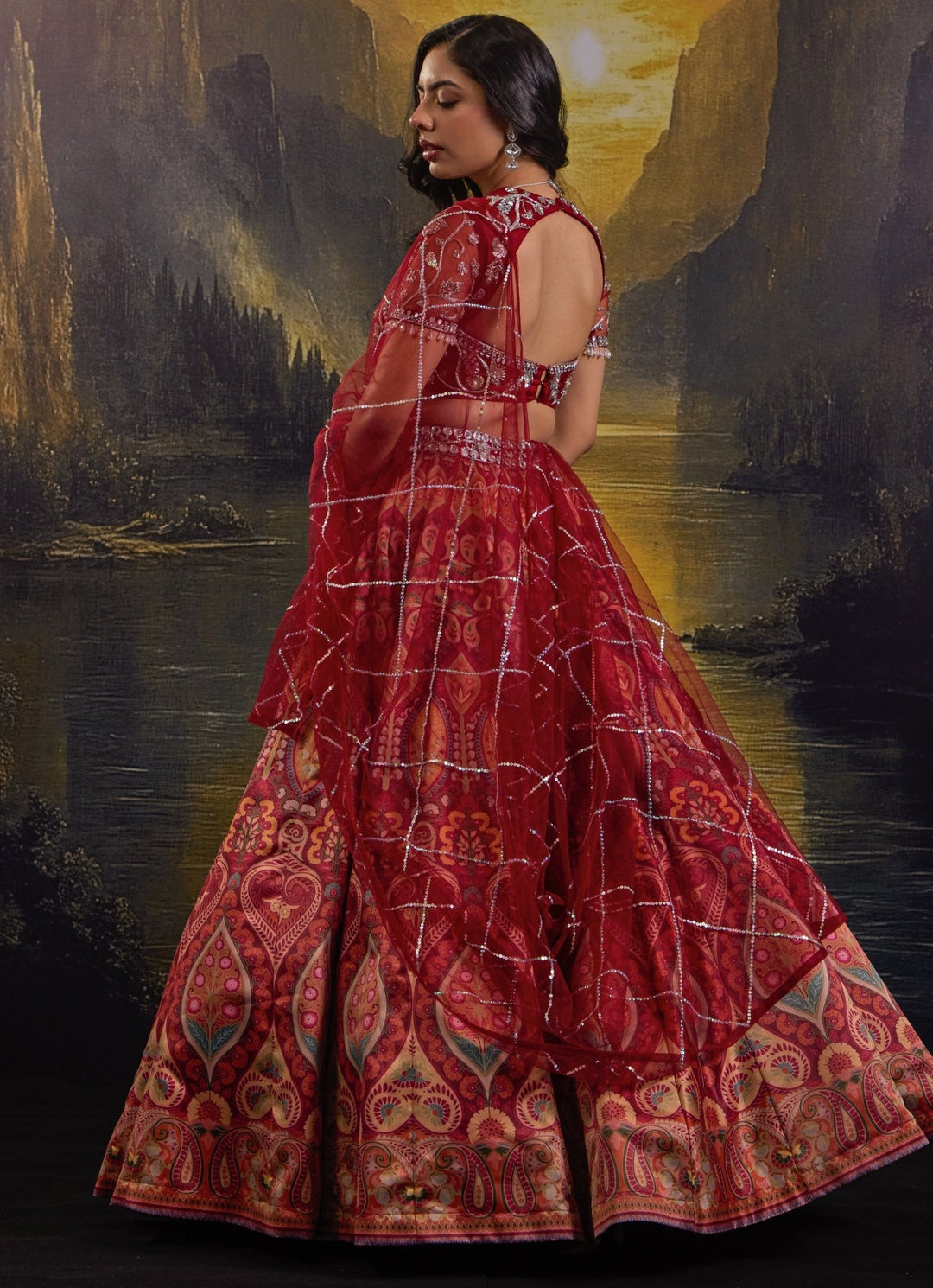 Maroon Printed And Embroidered Satin Lehenga Set Rashika Sharma - Fabilicious Fashion