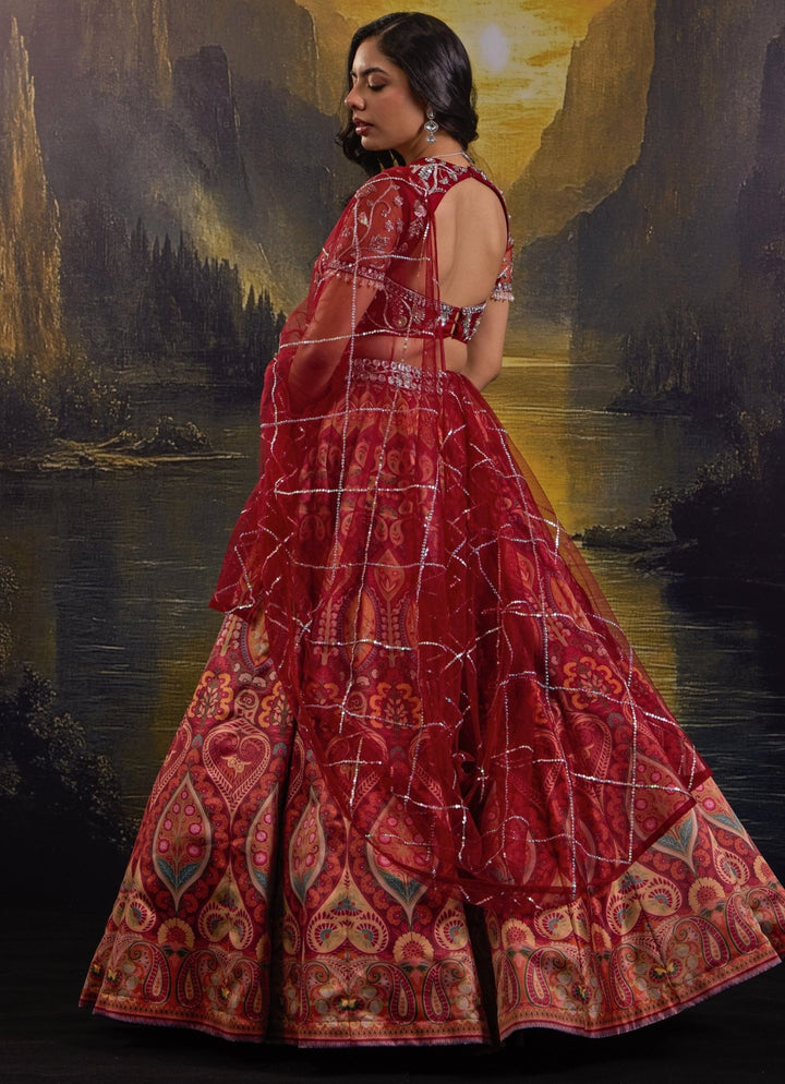 Maroon Printed And Embroidered Satin Lehenga Set Rashika Sharma - Fabilicious Fashion
