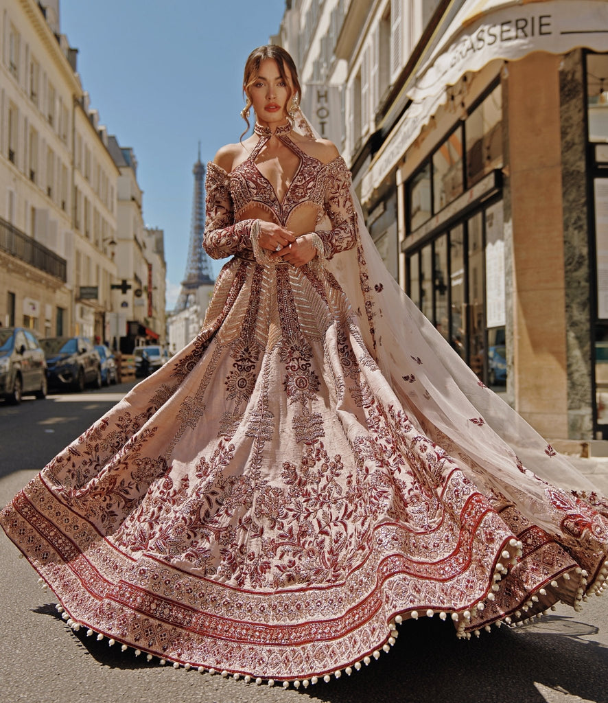 Maroon Red And Ivory Embroidered Bridal Silk Lehenga Set