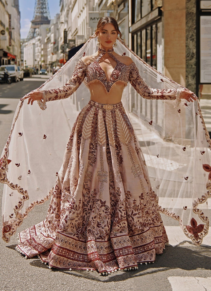 Maroon Red And Ivory Embroidered Bridal Silk Lehenga Set Jigar and Nikita - Fabilicious Fashion