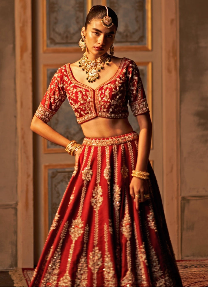 Maroon Red And Ivory Raw Silk Double Dupatta Lehenga Set Angad Singh - Fabilicious Fashion