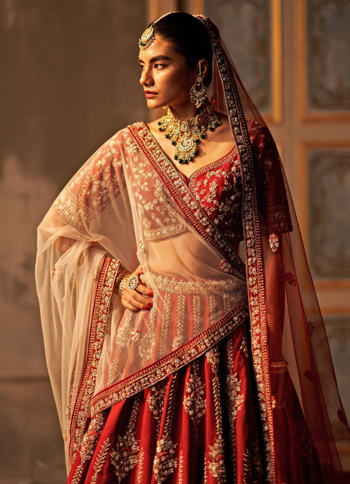 Maroon Red And Ivory Raw Silk Double Dupatta Lehenga Set Angad Singh - Fabilicious Fashion
