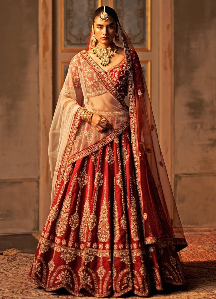 Maroon Red And Ivory Raw Silk Double Dupatta Lehenga Set Angad Singh - Fabilicious Fashion