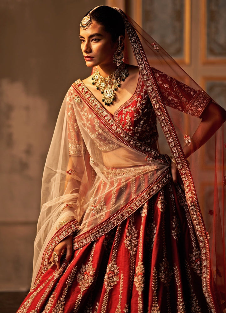 Maroon Red And Ivory Raw Silk Double Dupatta Lehenga Set Angad Singh - Fabilicious Fashion