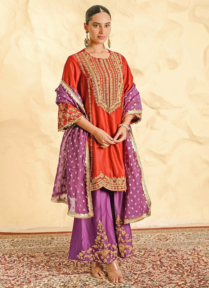 Nidhika Shekhar Maroon Red And Purple Chanderi Kurta Sharara SetFabilicious Fashion