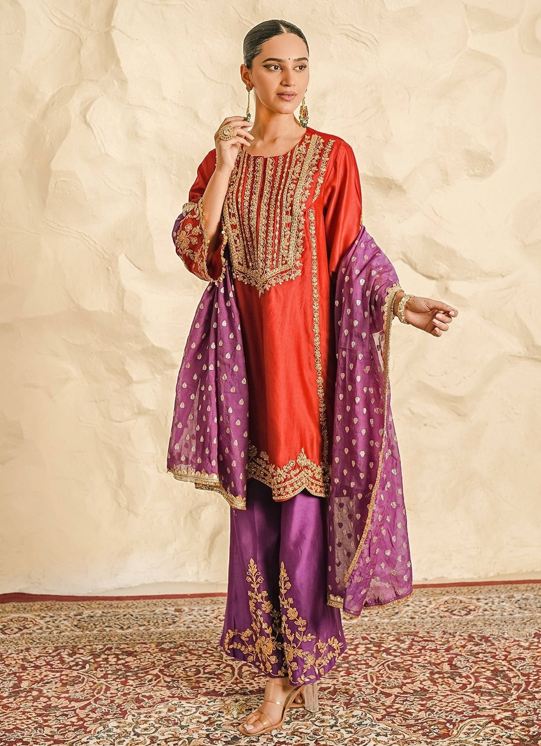 Nidhika Shekhar Maroon Red And Purple Chanderi Kurta Sharara SetFabilicious Fashion
