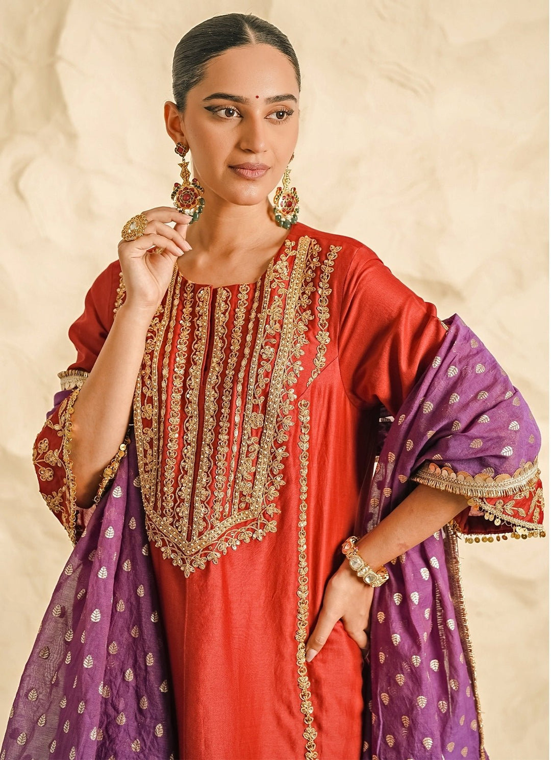 Nidhika Shekhar Maroon Red And Purple Chanderi Kurta Sharara SetFabilicious Fashion