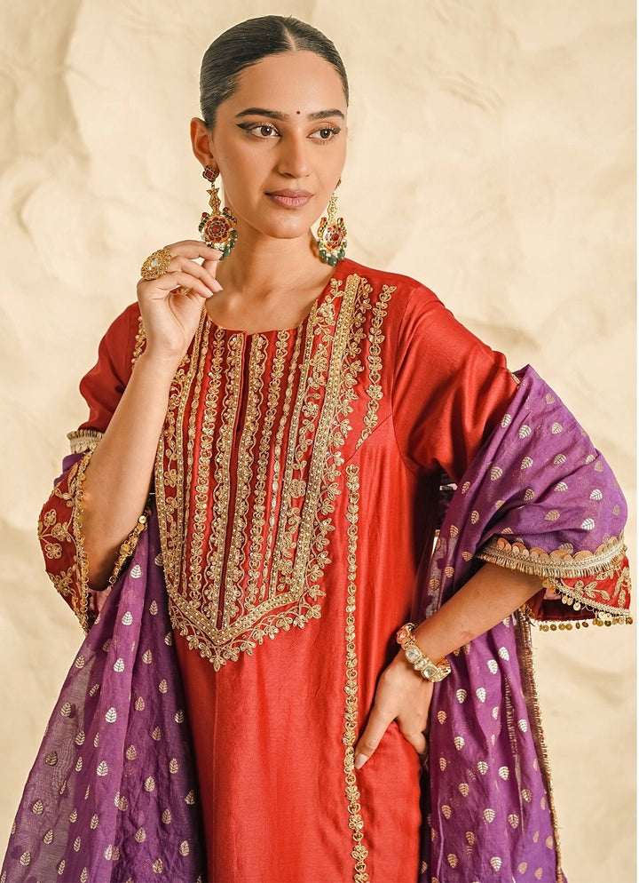 Nidhika Shekhar Maroon Red And Purple Chanderi Kurta Sharara SetFabilicious Fashion