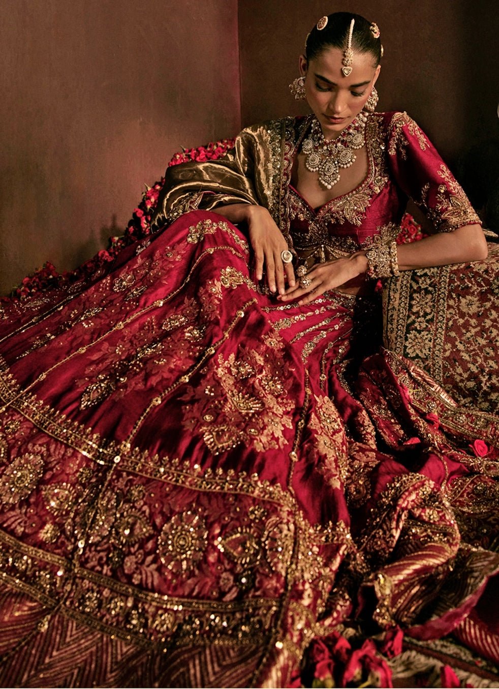 Maroon Red Brocade Silk Bridal Lehenga Set Prevasu - Fabilicious Fashion