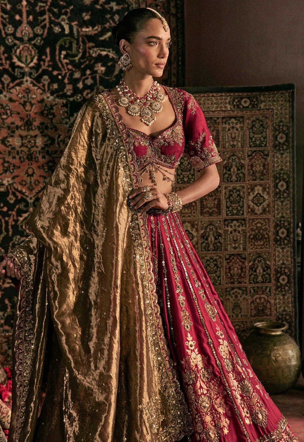 Maroon Red Brocade Silk Bridal Lehenga Set Prevasu - Fabilicious Fashion