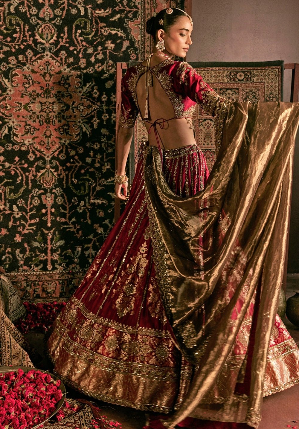 Maroon Red Brocade Silk Bridal Lehenga Set Prevasu - Fabilicious Fashion
