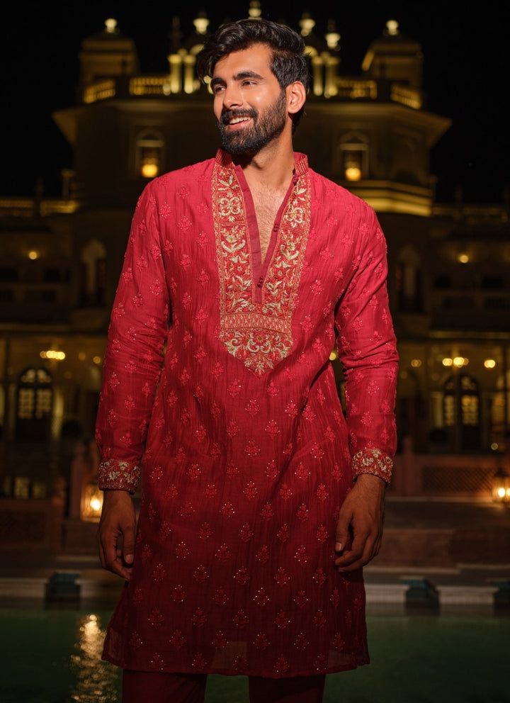 Darzi House Maroon Red Cotton Chanderi Kurta SetFabilicious Fashion