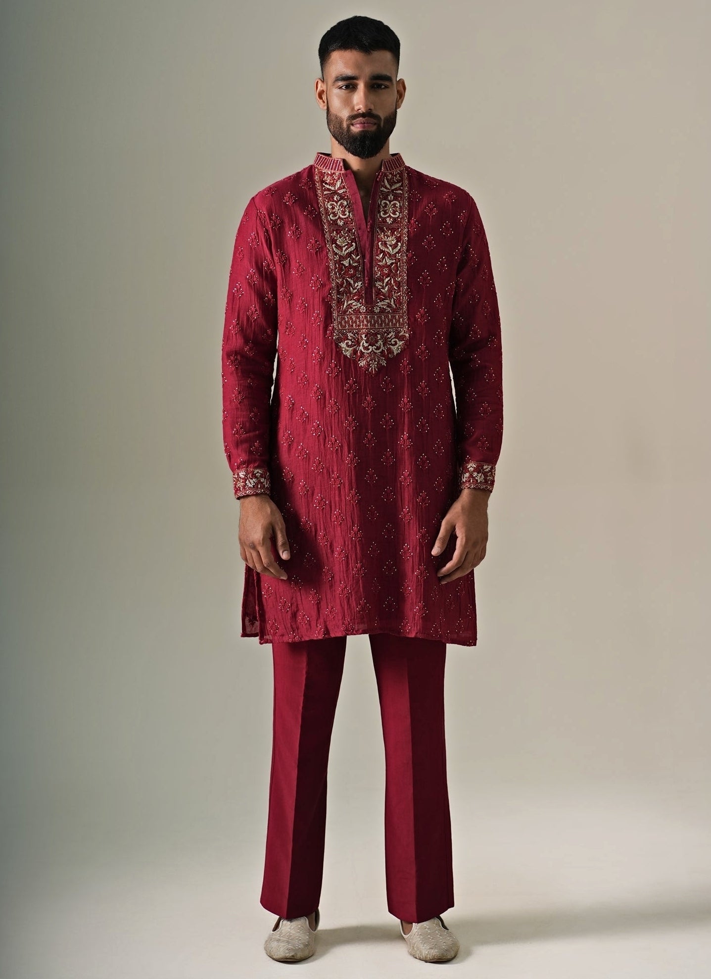 Maroon Red Cotton Chanderi Kurta Set by Darzi House — maroon red mens kurta for wedding party