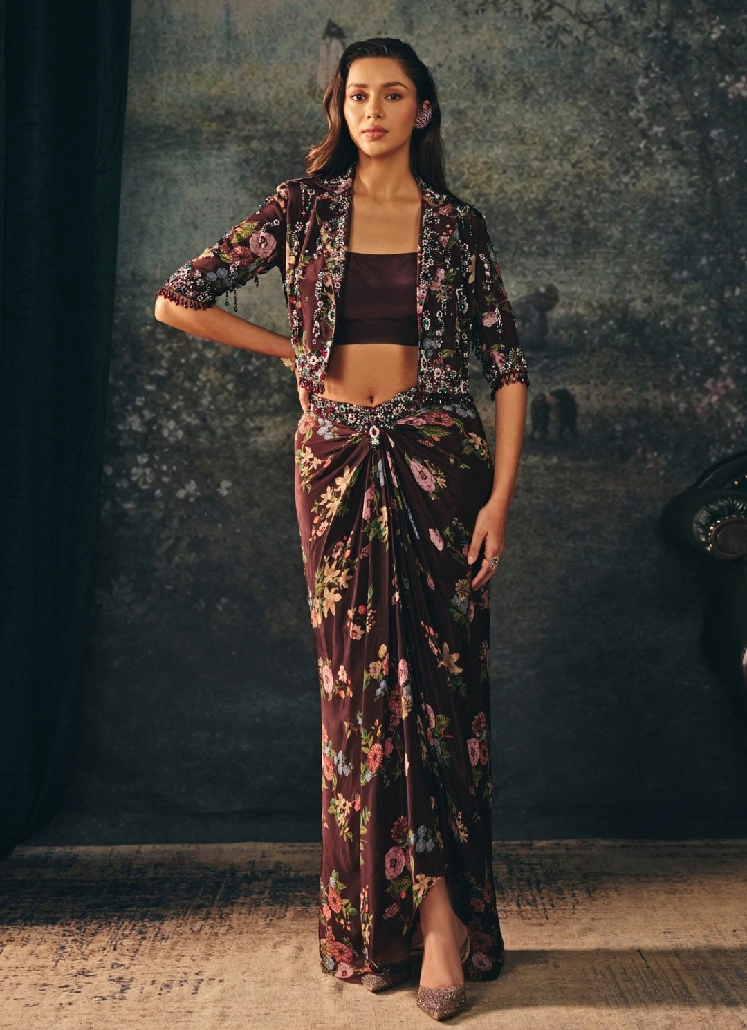 Maroon Red Crepe Drape Skirt Set With Short Jacket Mani Bhatia - Fabilicious Fashion