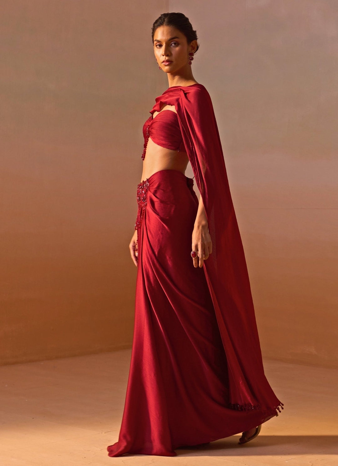 Nitika Gujral Maroon Red Crushed Satin Pre Draped SareeFabilicious Fashion