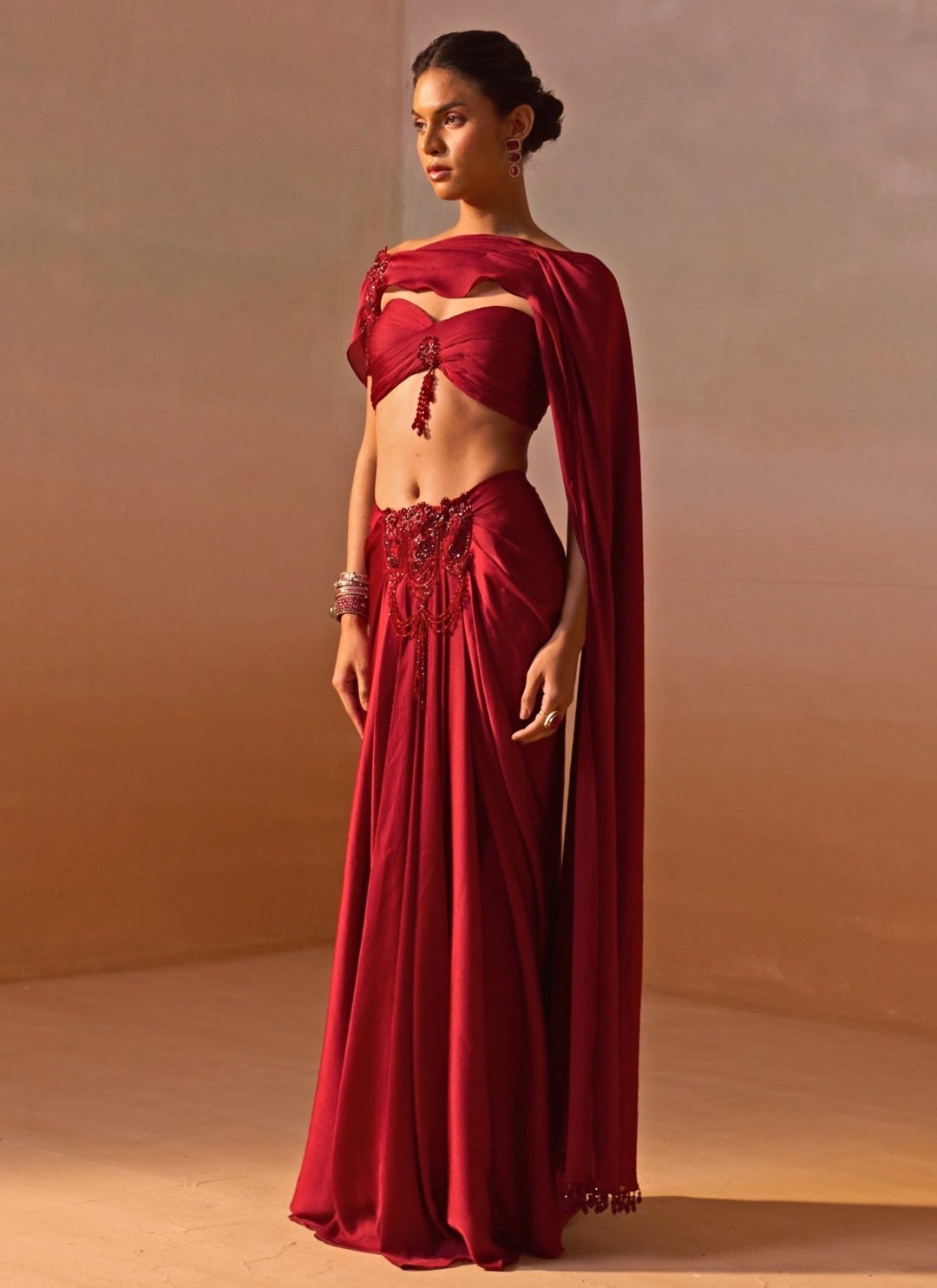 Nitika Gujral Maroon Red Crushed Satin Pre Draped SareeFabilicious Fashion